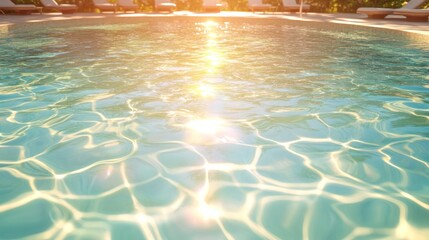 Pool water glitters at sunset with chairs; possible for a luxury vacation ad