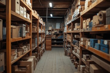 Fototapeta premium Warehouse aisle with rows of shelves filled with boxes