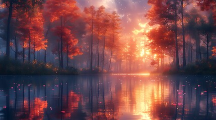 Autumn sunset reflecting on calm lake, misty forest