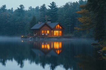 Fototapeta premium Tranquil lakeside cabin reflecting in the water at dusk
