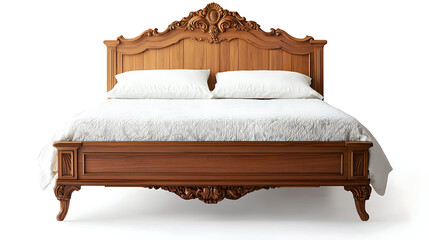 A wooden bed with white pillows and a white sheet