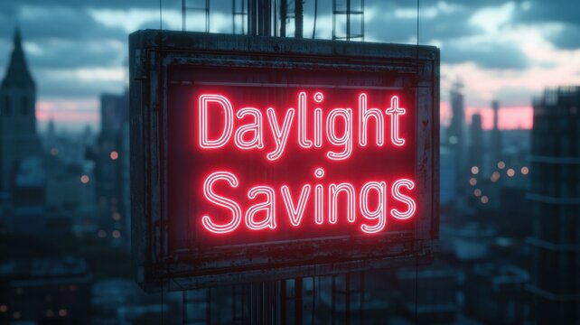 Daylight savings announcement urban cityscape neon sign evening atmosphere elevated view time management concept