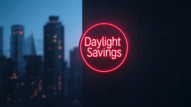 Daylight savings time announcement urban cityscape neon sign display evening atmosphere modern viewpoint - Powered by Adobe