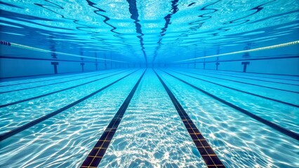 Underwater View of Swimming Pool with Clear Blue Water and Distinct Lane Markings