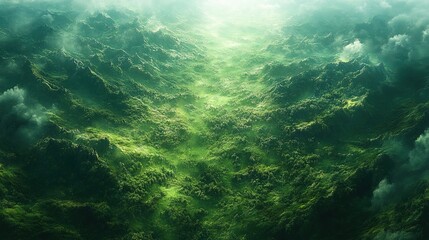 Fototapeta premium Aerial Misty Green Valley Sunlight Through Clouds