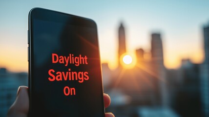 Daylight savings change notification city skyline mobile device sunset close-up time management awareness