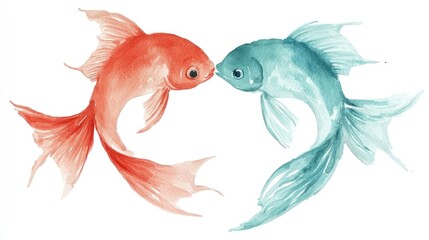 Fototapeta premium Delicate watercolor illustration of two goldfish facing each other in soft red and blue tones symbolizing harmony and connection