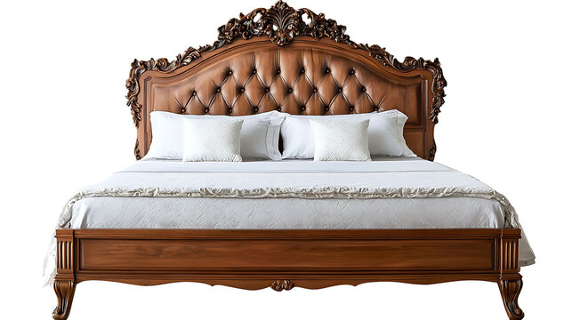 A large bed with a wooden frame and a brown headboard