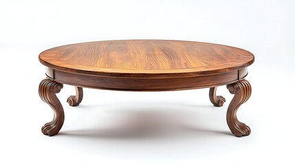 A wooden table with a round top and legs