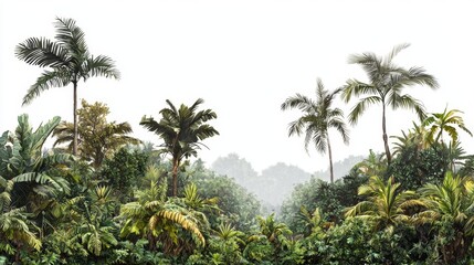 Fototapeta premium Lush Tropical Jungle Landscape with Tall Palm Trees Surrounded by Dense Greenery and Misty Atmosphere