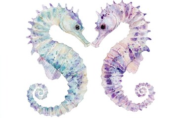 Fototapeta premium Delicate watercolor illustration of two colorful seahorses in a symmetrical pose, symbolizing love and harmony in marine life