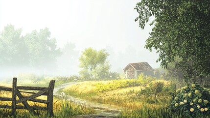 Serene Countryside Landscape with Fog, Rustic Cottage, Greenery, and Tranquil Pathway in Morning Light