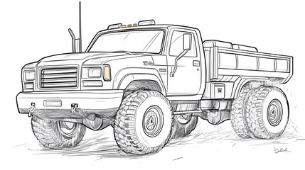 Detailed Outline Sketch of Powerful Off Road Dump Truck Vehicle