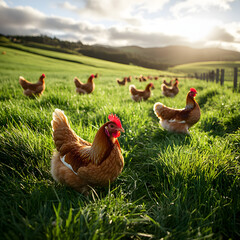 Fototapeta premium Free Range Chickens Sunset Pasture Idyllic Farm