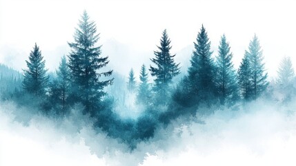 Fototapeta premium Misty Forest Landscape with Pine Trees in Soft Blue and Green Hues for Serene Nature Aesthetic
