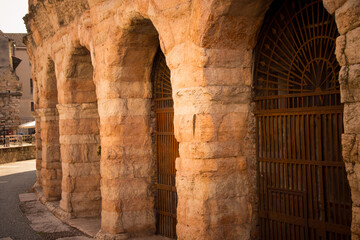 Close-up of the stone arches at the Verona Arena in Italy.