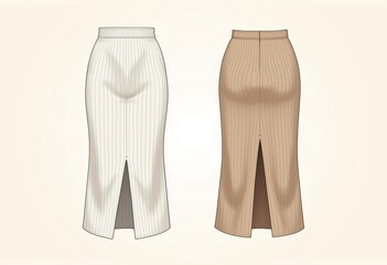 Knit Midi Skirt Technical Drawing: Jersey, Ribbed, Front Slit, Slim Fit. Women's CAD Mockup Set, Fashion Flat Sketch, Front & Back View, White & Beige.

