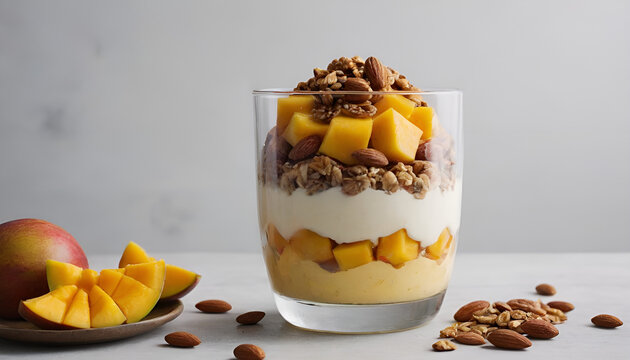 yogurt parfait with mangoes, granola and almonds