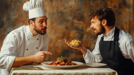 Two chefs comparing dishes with a textured backdrop, featuring a full plate and a small plate