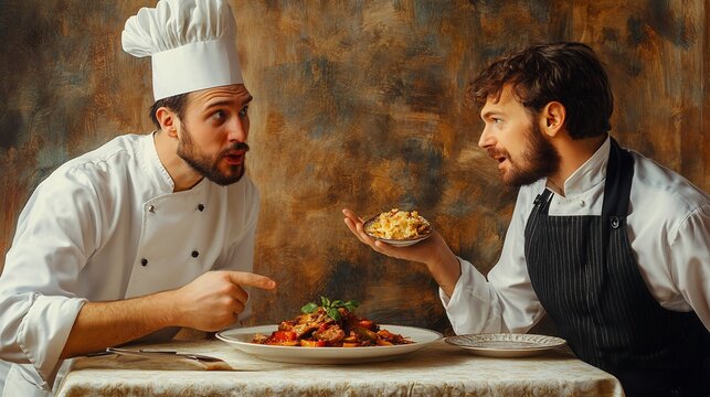 Two chefs comparing dishes with a textured backdrop, featuring a full plate and a small plate