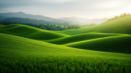 Fototapeta premium Lush green rolling hills create serene landscape, showcasing nature beauty and tranquility. gentle curves and vibrant colors evoke sense of peace and harmony