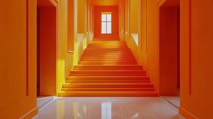 Orange hallway stairs, sunlit interior, modern architecture, design