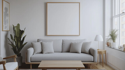 Contemporary Living Room with Sofa and Blank Picture Frame. AI Generated Images

