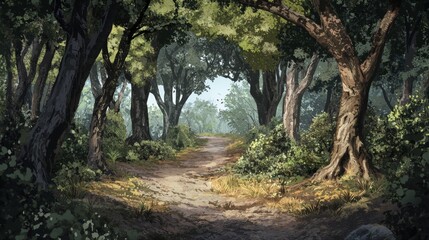 Serene Forest Pathway with Lush Greenery and Sunlight Filtering Through Dense Trees
