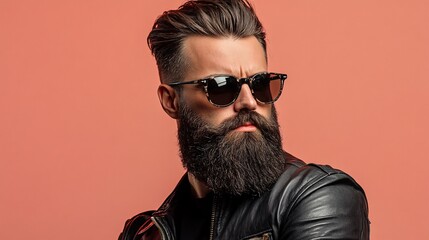 Obraz premium Portrait of a confident bearded biker wearing sunglasses and a leather jacket