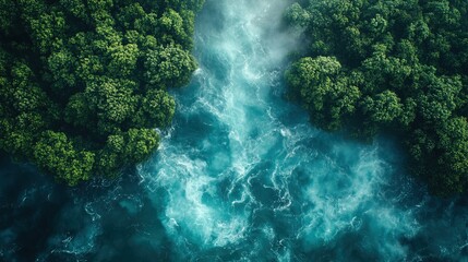 Aerial River Flowing Through Lush Green Forest