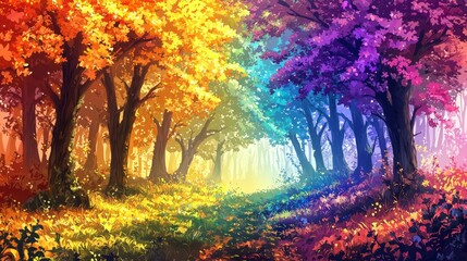 Vibrant Autumn Forest with Colorful Leaves, Golden Light and Serene Pathway Through Trees