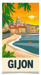Fototapeta premium Scenic digital illustration of Gijón, Spain, featuring San Lorenzo Beach, historic waterfront buildings, and gentle waves under a warm sunset sky. .