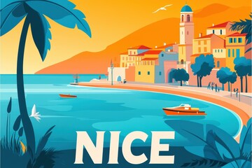 Obraz premium Vibrant digital illustration of Nice, France, featuring the Promenade des Anglais, turquoise Mediterranean waters, and colorful city architecture in sunny pastel tones. .