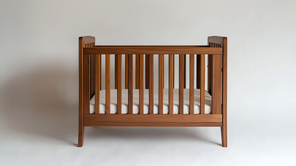 A wooden crib with a white sheet on it
