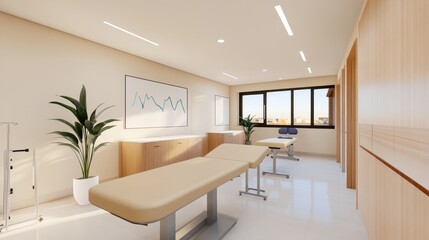 Fototapeta premium Modern healthcare clinic interior featuring treatment table, plant, and a bright window view