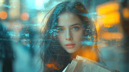 Naklejka premium Woman's portrait with city reflection.