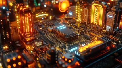 Fototapeta premium Futuristic city-like motherboard close-up.