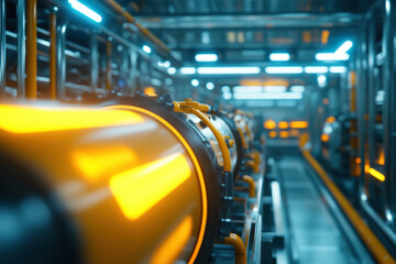 High tech industrial machinery with glowing elements in modern facility. image showcases advanced engineering and innovation in futuristic environment