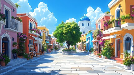 Fototapeta premium Sunny Mediterranean street scene, vibrant buildings, church background, idyllic travel poster
