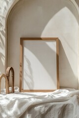 Blank frame mockup on linen fabric with arch detail and sunlight shadows.