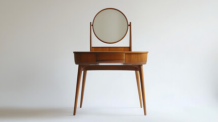 A wooden vanity with a mirror and a wooden stand
