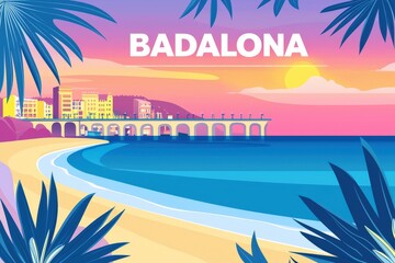 Obraz premium Picturesque digital illustration of Badalona, Spain, featuring the Pont del Petroli bridge extending into the Mediterranean, with a glowing beach and city skyline at sunset. .