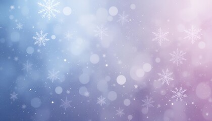 Fototapeta premium Winter Dream: Soft, pastel pink and blue hues create a dreamy winter backdrop with delicate snowflakes and shimmering bokeh lights. Perfect for holiday cards, winter themed designs.