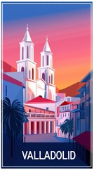 Picturesque digital illustration of Valladolid, Spain, featuring the Cathedral of Valladolid and Plaza Mayor, bathed in a warm sunset glow with charming historic buildings.  .