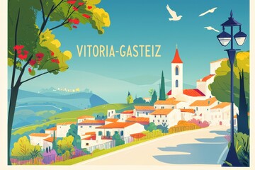 Beautiful digital illustration of Vitoria-Gasteiz, Spain, featuring the medieval streets, the Cathedral of Santa María, and lush green hills in the background.  .