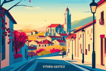 Beautiful digital illustration of Vitoria-Gasteiz, Spain, featuring the medieval streets, the Cathedral of Santa María, and lush green hills in the background.  .