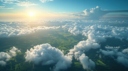 Aerial sunrise over green fields and fluffy clouds