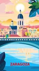 Fototapeta premium Beautiful digital illustration of Zaragoza, Spain, featuring the Basilica del Pilar against a twilight sky, with the Ebro River reflecting city lights, bridges, and colorful buildings. .