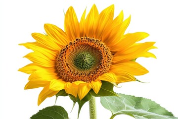 Obraz premium A fresh and bright sunflower with vibrant yellow petals and a green stem, isolated on a white background, showcasing its natural beauty. .