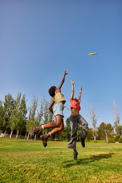 Carefree girlfriends catching frisbee